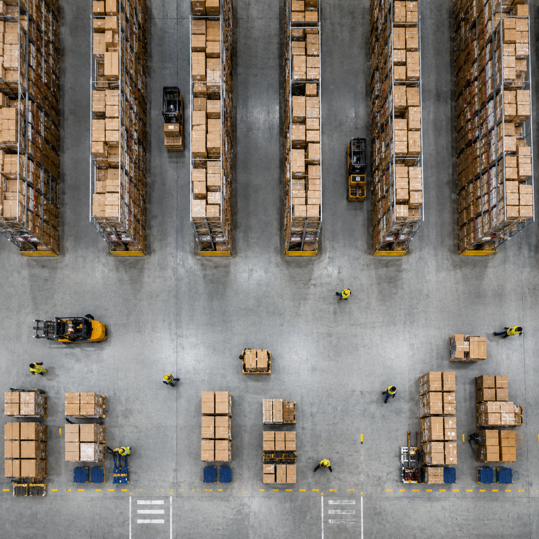 Blick in ein modernes Logistiklager mit Fördertechnik