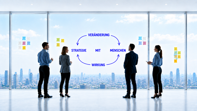 Führungsteam diskutiert ein Transformationsprojekt im Besprechungsraum